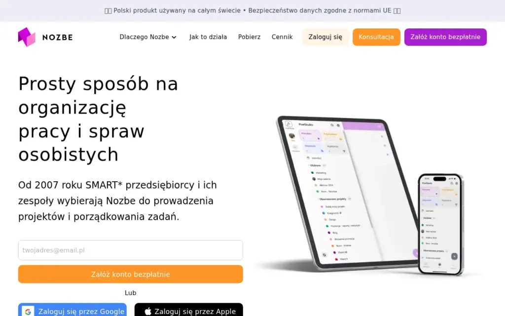 Nozbe — strona produktu na stronie producenta (zrzut ekranu)