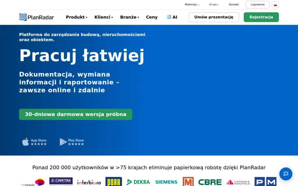 PlanRadar — strona produktu na stronie producenta (zrzut ekranu)