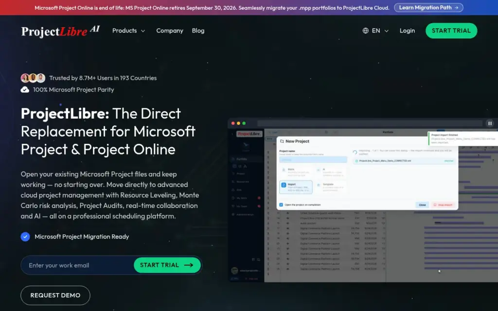 ProjectLibre — strona produktu na stronie producenta (zrzut ekranu)